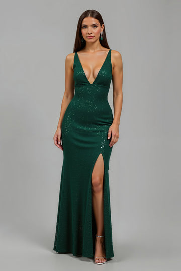 Robe longue de fête de Noël à col en V sirène vert foncé scintillante avec fente